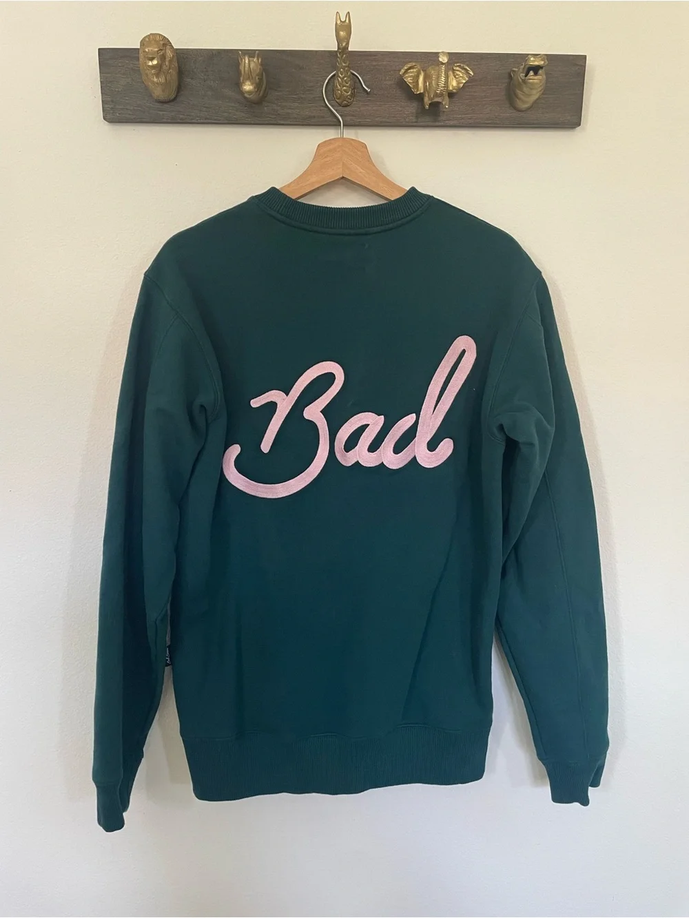 Bad Birdie Dark Green Crewneck with Pink Floral Patch